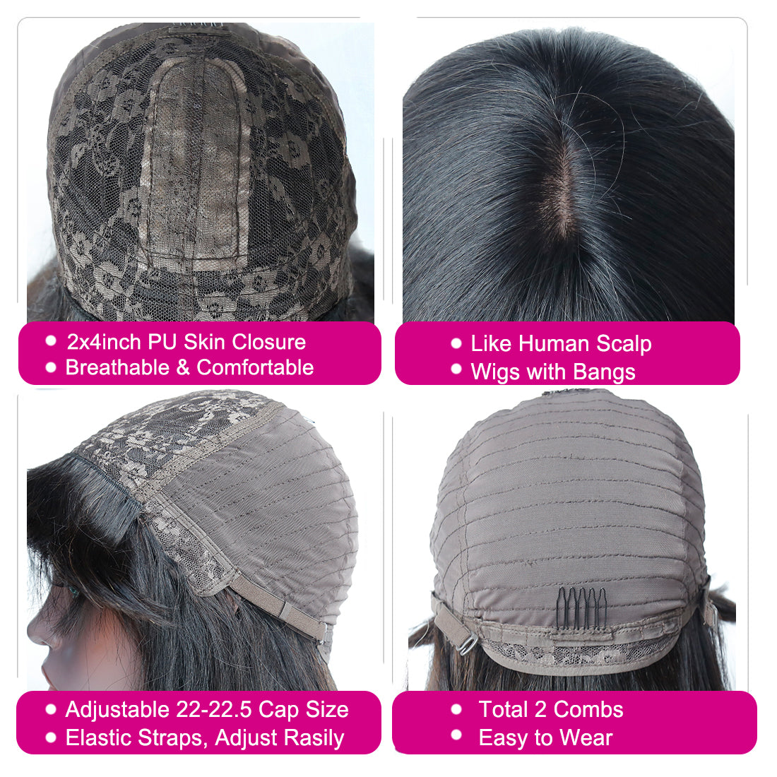 YUZHU Human Hair Wigs with Bangs for Black Women Straight Glueless None Lace Front Wigs Human Hair Machine Made Wigs 180% Density Brazilian Virgin Human Hair Wig with Bangs Natural Black Color