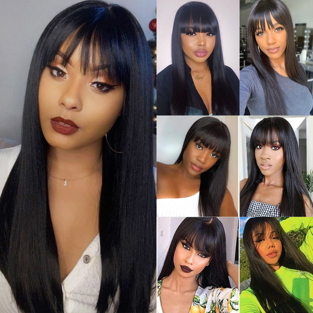 YUZHU Human Hair Wigs with Bangs for Black Women Straight Glueless None Lace Front Wigs Human Hair Machine Made Wigs 180% Density Brazilian Virgin Human Hair Wig with Bangs Natural Black Color
