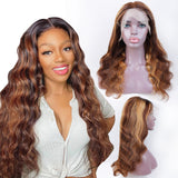 YUZHU Highlight Body Wave P4/27 Human Hair 13x1 T Part Wigs Lace Front Wigs 150% Density