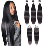 Straight Hair 3 Bundles with 4x4 Closure Brazilian Human Hair Bundles Natural Color