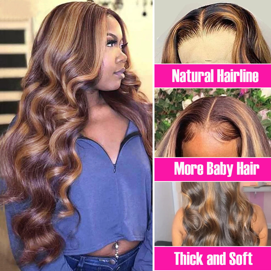 YUZHU Highlight Body Wave P4/27 Human Hair 13x1 T Part Wigs Lace Front Wigs 150% Density