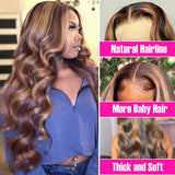 YUZHU Highlight Body Wave P4/27 Human Hair 13x1 T Part Wigs Lace Front Wigs 150% Density