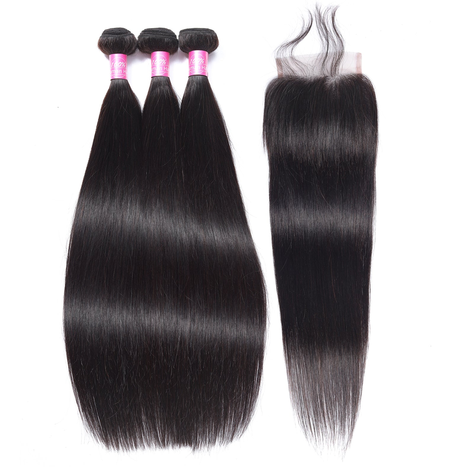 Straight Hair 3 Bundles with 4x4 Closure Brazilian Human Hair Bundles Natural Color
