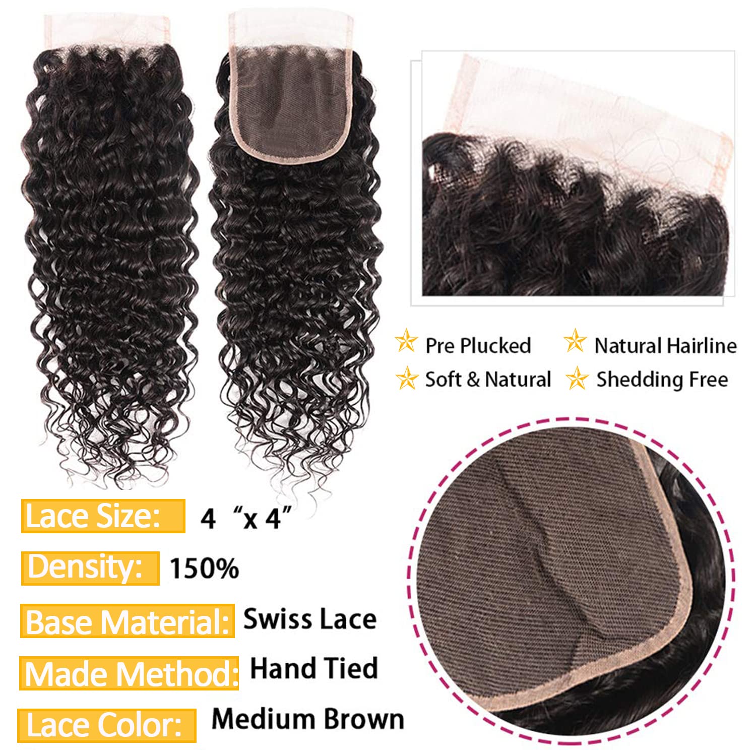 Water Wave 3 Bundles with 4x4 Closure Brazilian Virgin Human Hair Bundles Natural Color