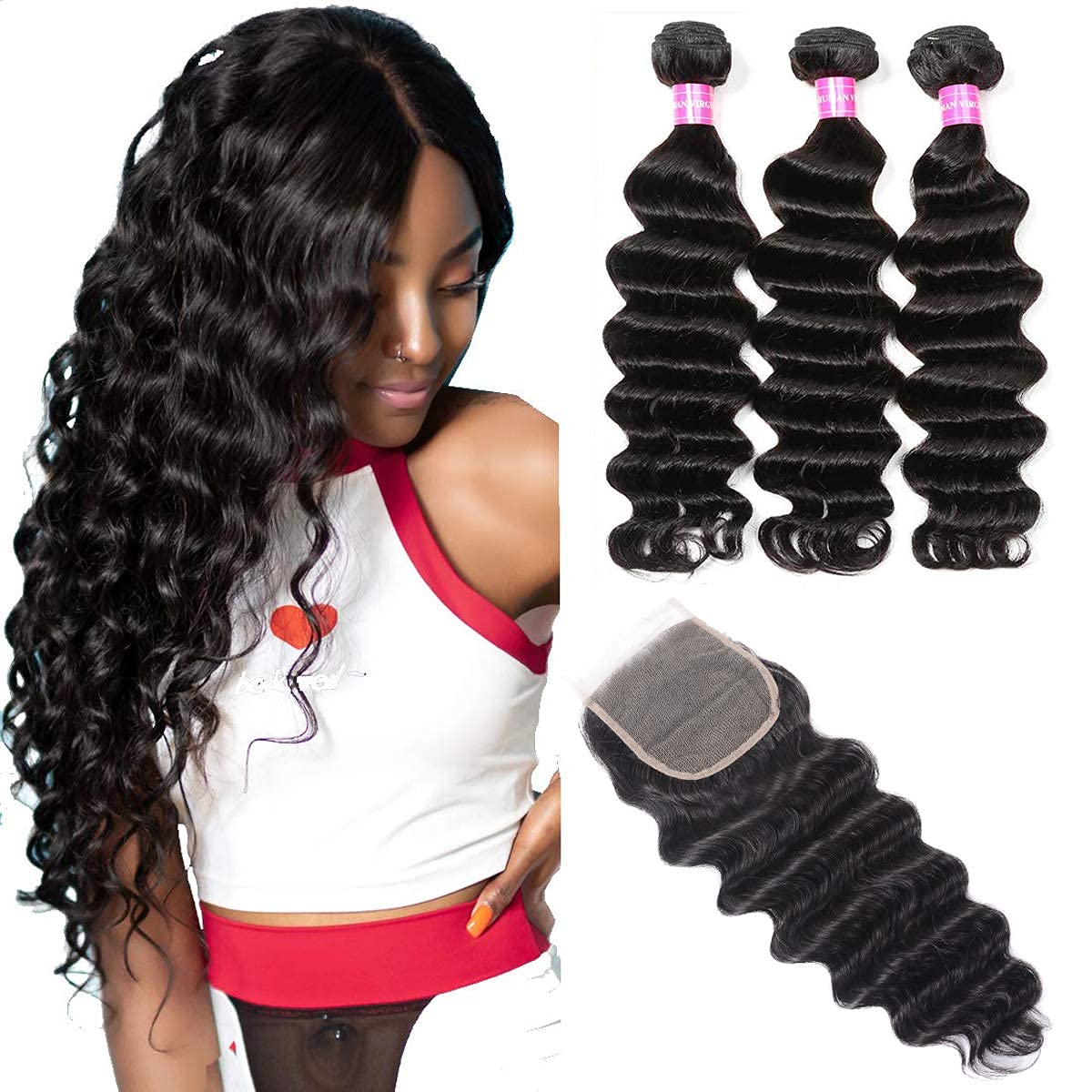 Loose Deep Wave 3 Bundles with 4x4 Closure Brazilian Virgin Human Hair Bundles Natural Color