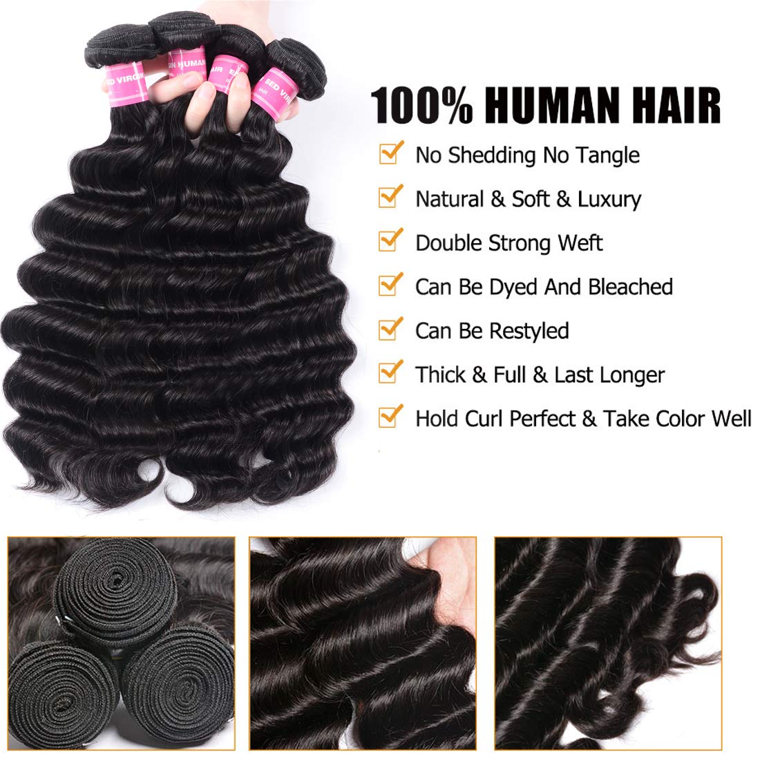 Loose Deep Wave 3 Bundles with 4x4 Closure Brazilian Virgin Human Hair Bundles Natural Color
