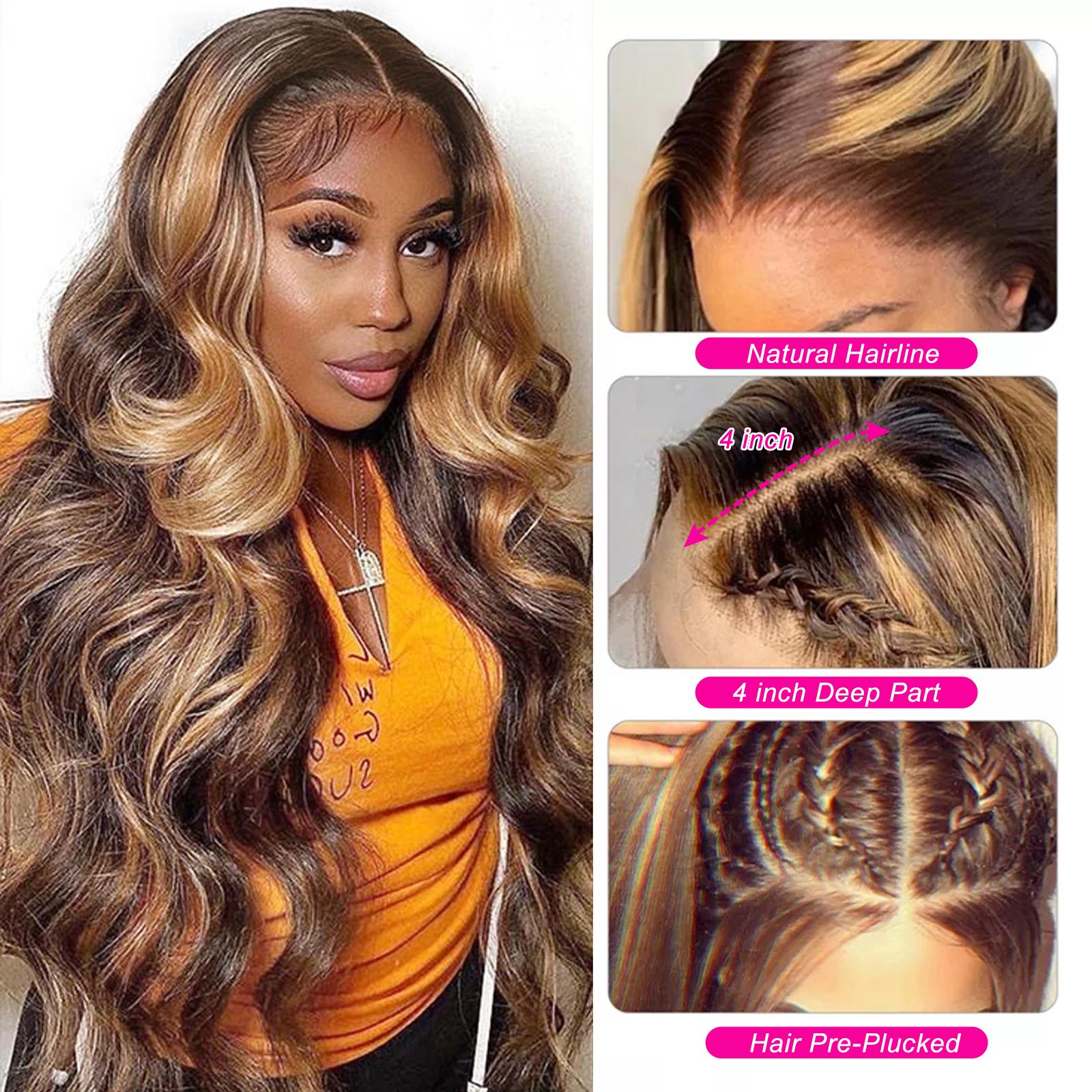 YUZHU Body Wave Highlight Ombre Human Hair Wigs 13x1 Lace Front Wigs P4/27