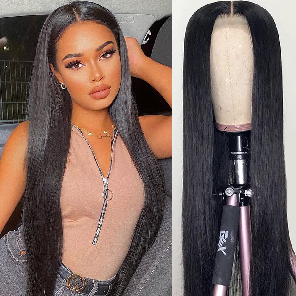 YUZHU Straight Wig Human Hair 4x4 Lace Closure Wigs 180 density
