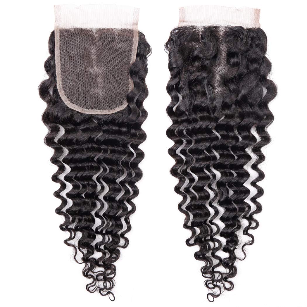 YUZHU Deep Wave Human Hair Bundles with Closure Natural Color