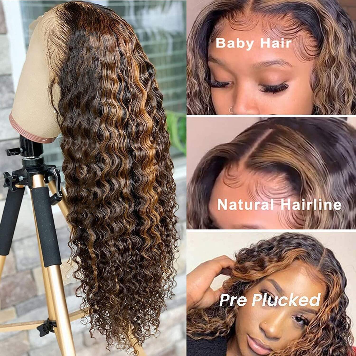 YUZHU Highlight Deep Wave Wig HD Transparent 13x1 Ombre Curly Lace Front Human Hair Wigs 150 Density