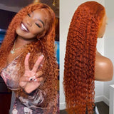 YUZHU 13x4 Lace Frontal Wigs Human Hair Deep Curly Wig Ginger Color 200% High Density