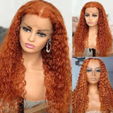 YUZHU 13x4 Lace Frontal Wigs Human Hair Deep Curly Wig Ginger Color 200% High Density