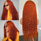 YUZHU 13x4 Lace Frontal Wigs Human Hair Deep Curly Wig Ginger Color 200% High Density