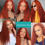 YUZHU 13x4 Lace Frontal Wigs Human Hair Deep Curly Wig Ginger Color 200% High Density