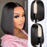 YUZHU Short Bob V-Part Wigs Human Hair Straight Natural Color 180% Density